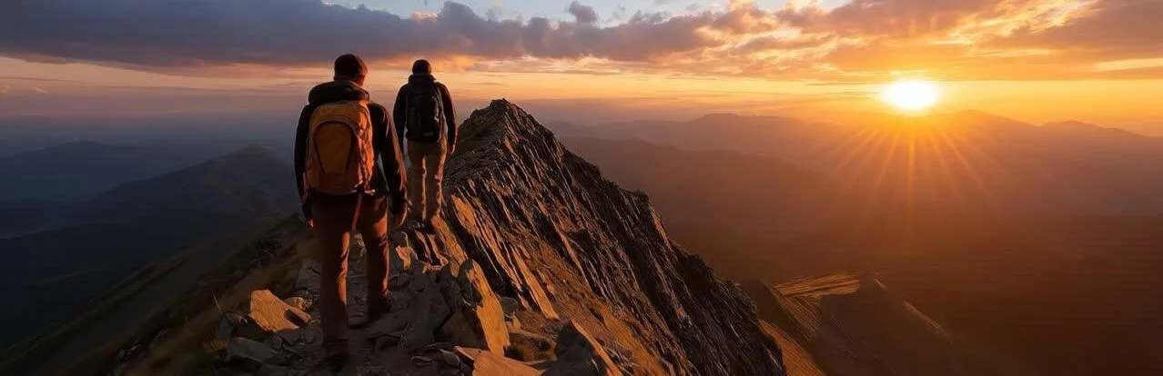 Zwei Wanderer auf einem Berggrat im Sonnenuntergang
